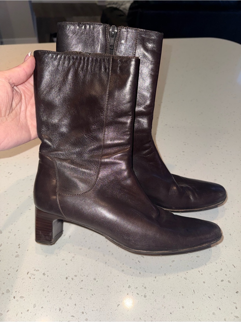Cole Haan Dark Brown Leather Mid-Calf Heeled Boots - Picture 2 of 7
